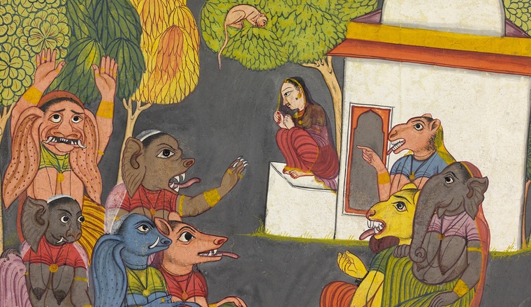 <span class="title">Hanuman spies Sita in the Ashoka Grove - a Painting from the Shangri Ramayana<span class="title_comma">, </span></span><span class="year">Pahari, from Bahu or Kulu, Style III, 1700-10</span>