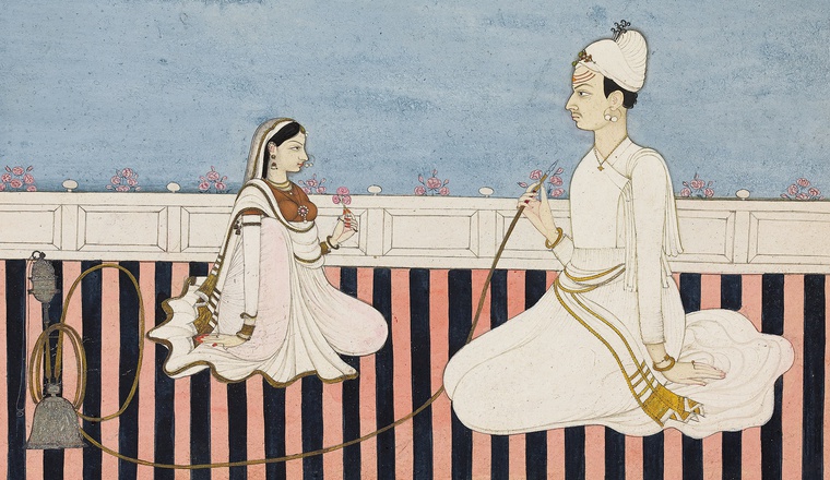 <span class="title">A Prince smoking a Hookah with his Consort<span class="title_comma">, </span></span><span class="year">Bhoti, c. 1780</span>