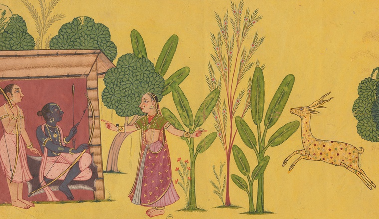 <span class="title">Sita asks Rama to fetch the golden Deer for her<span class="title_comma">, </span></span><span class="year">Page from the ‘Shangri’ Ramayana series, Style IV By a Pahari artist possibly from Bilaspur, c. 1700–10</span>