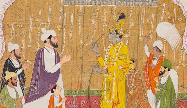 <span class="title">Raja Sansar Chand and his son Anirudh Chand worshipping images of Shiva and Parvati<span class="title_comma">, </span></span><span class="year">Style of Purkhu, Kangra, 1792–95</span>