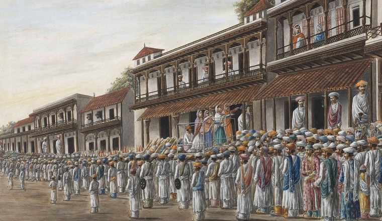 <span class="title">A Hindu marriage procession<span class="title_comma">, </span></span><span class="year">Patna, 1820–30</span>