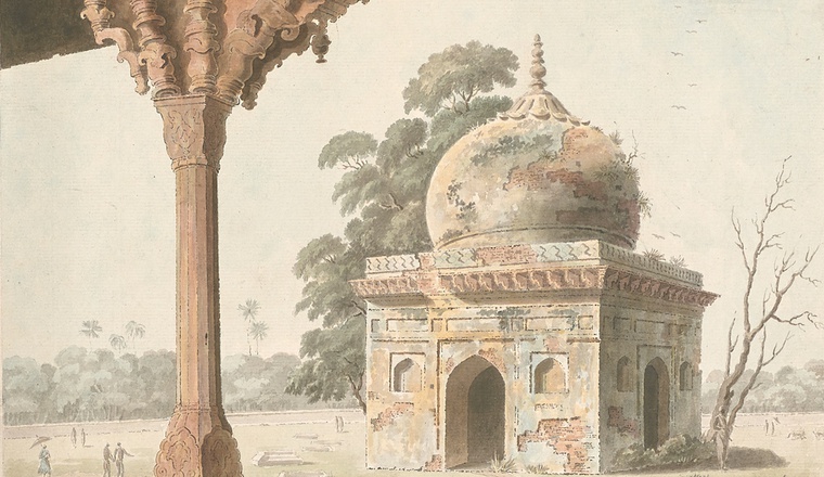 <span class="title">The tomb of Shaikh Ibrahim Chishti (d. 1543) seen from the corner of the Nadan Mahal, Lucknow, an Akbari period structure (Mosque Lucnow)<span class="title_comma">, </span></span><span class="year">Murshidabad, 1795–1810</span>