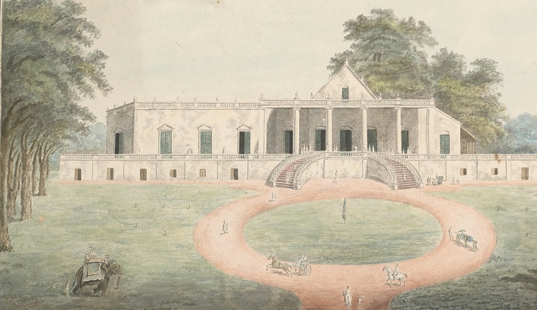 <span class="title">View of a single-storey house with portico over a raised platform with divided staircase; circular driveway and garden showing family and friends at their leisure<span class="title_comma">, </span></span><span class="year">Murshidabad, 1795–1810</span>