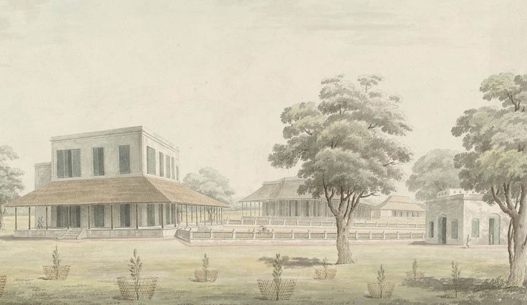 <span class="title">The rear or south east view of Christopher Oldfield’s house at Maidapur (left) with Dr James Wilson’s modest bungalow (centre). <span class="title_comma">, </span></span><span class="year">Murshidabad, 1795-1807 </span>