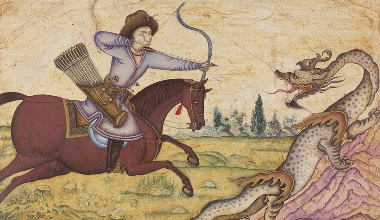 <span class="title">Bahram Gur facing the Dragon<span class="title_comma">, </span></span><span class="year">School of Muhammad Zaman, Probably Isfahan, Central Iran, Last quarter of the 17th century</span>
