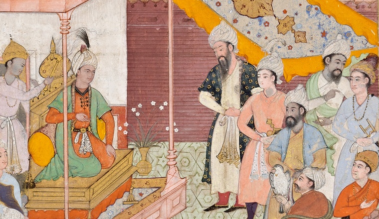 <span class="title">Babur sits enthroned in his court; Ascribed to the artist Khim Karan (amal-i Khem Karan)<span class="title_comma">, </span></span><span class="year">Folio from a Baburnama, Mughal, 1589-90</span>