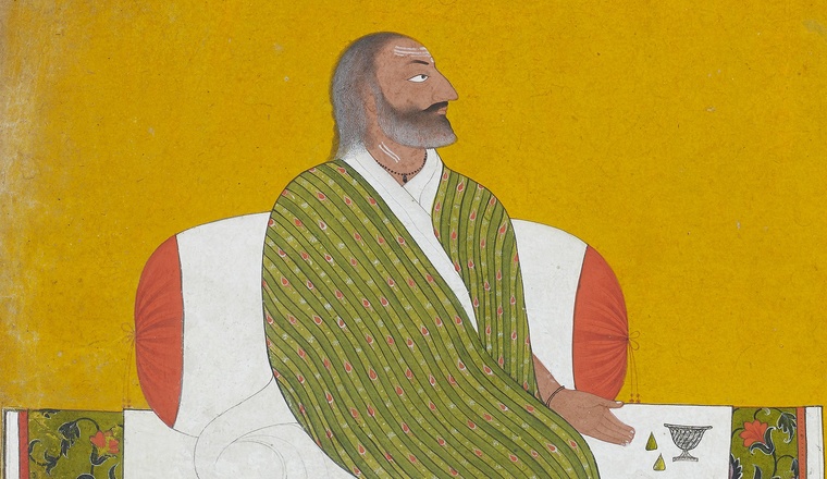 <span class="title">A Royal Personage from the Punjab Hills preparing for prayer<span class="title_comma">, </span></span><span class="year">Attributed to the Master at the Court of Mankot, c. 1700-1730</span>