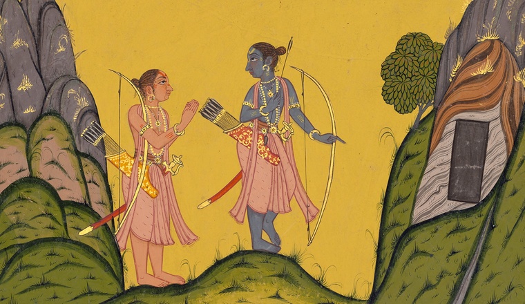 <span class="title">Lakshmana expresses his foreboding to Rama outside the cave of Ayomukhi, Page from the Aranya Kanda or Forest Book of the Ramayana <span class="title_comma">, </span></span><span class="year">By a Master of Style IV of the ‘Shangri’ Ramayana, c. 1710-1740</span>