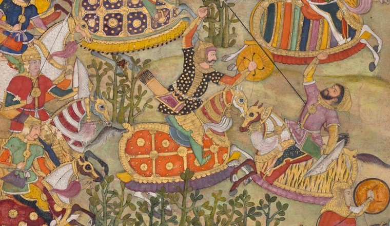 <span class="title">The Battle of Sarnal in Gujarat in December 1572; Page from the Third Akbarnama<span class="title_comma">, </span></span><span class="year">Mughal, 1595-1600 </span>