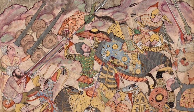 <span class="title">Battle between Khwaja Qazi and Aba-bikr at Uzgend in 1493-4 Folio from the first Baburnama<span class="title_comma">, </span></span><span class="year">Imperial Mughal, made for Akbar, c. 1589</span>