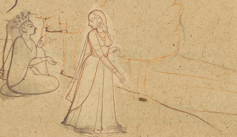 <span class="title">Krishna tells Radha’s friend to bring Radha to him Two pages from the preparatory series of drawings for the ‘Second Guler’ or ‘Tehri-Garhwal’ Gitagovinda<span class="title_comma">, </span></span><span class="year">Guler, 1765-70</span>